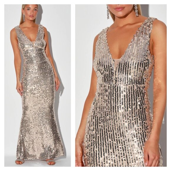 LULUS Women's Champagne Sequin Your Heart Sleeveless Mermaid Maxi Dress Size XL - Picture 1 of 13
